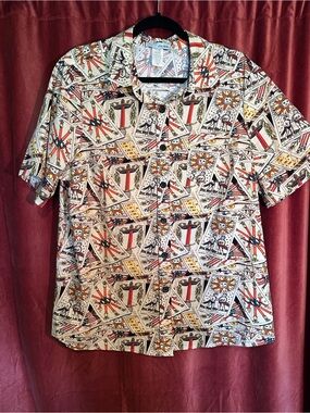 Short-Sleeve Button-Down Shirt with Tarot Card Print - Cream/Red